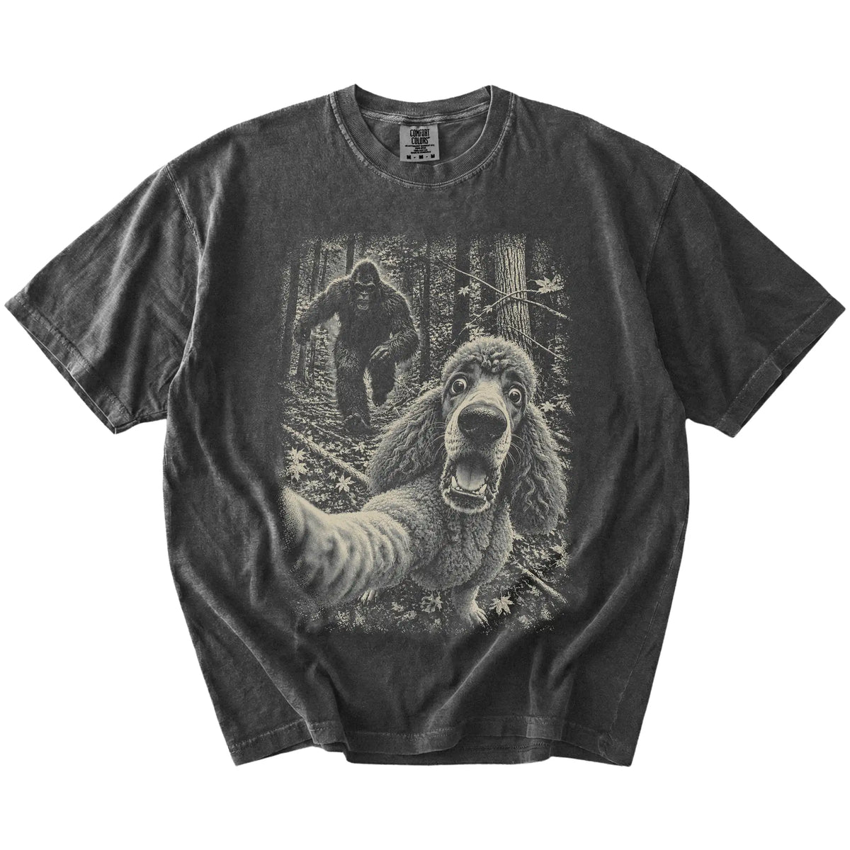 Pepper Poodle Bigfoot selfie T-shirt, full garment view