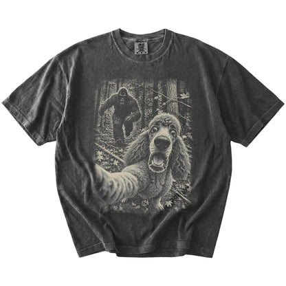 Pepper Poodle Bigfoot selfie T-shirt, full garment view