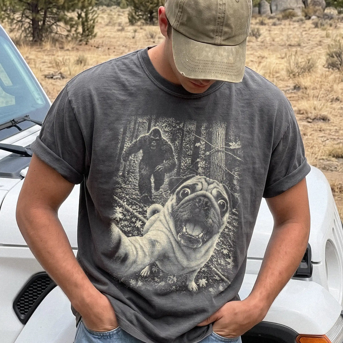 Pepper Pug Bigfoot selfie T-shirt, worn by a model