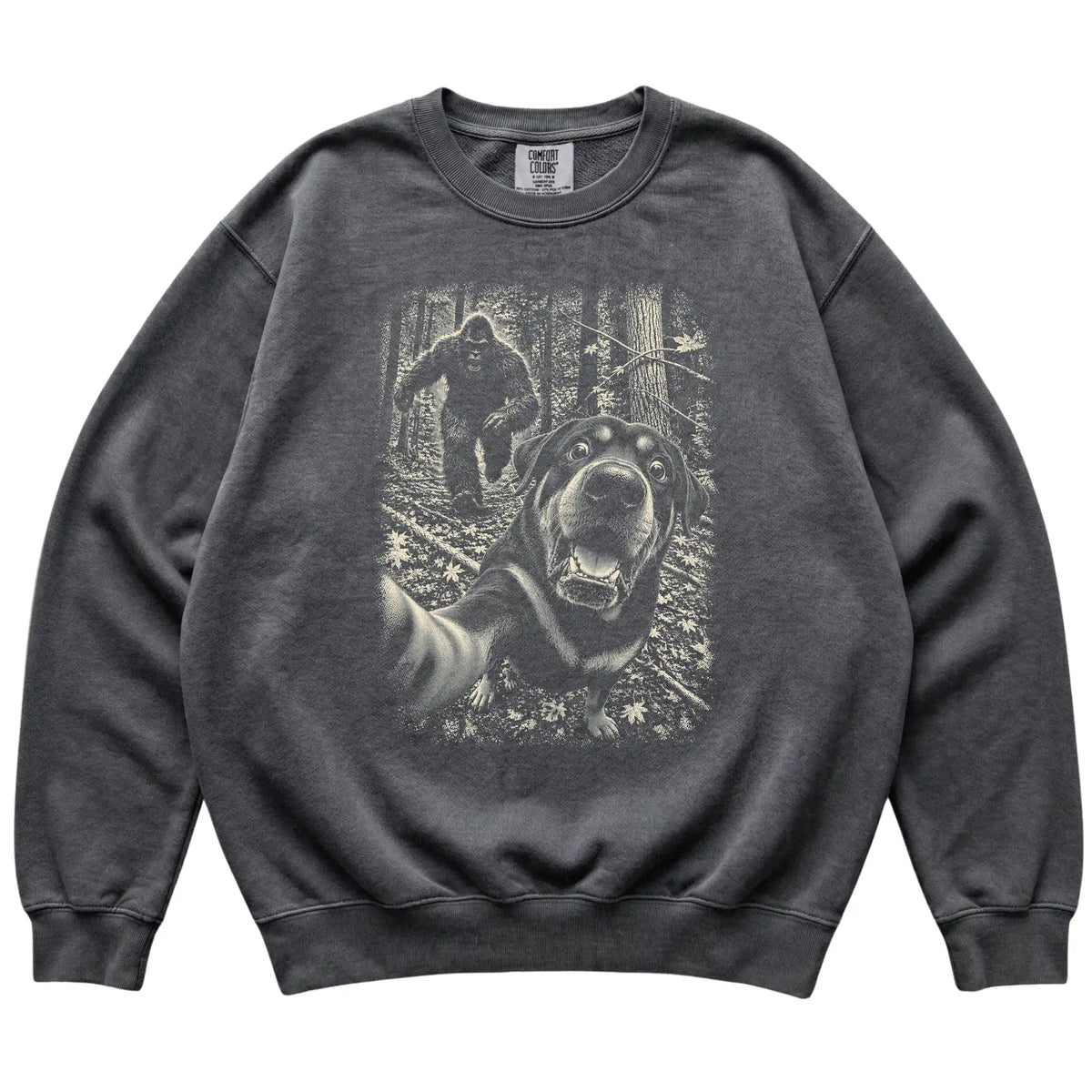 Pepper Rottweiler Bigfoot selfie sweatshirt, full garment view