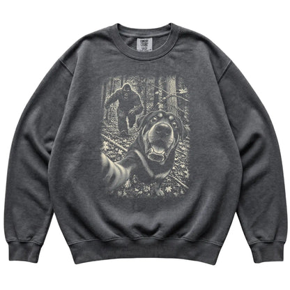 Pepper Rottweiler Bigfoot selfie sweatshirt, full garment view