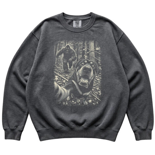 Pepper Rottweiler Bigfoot selfie sweatshirt, full garment view