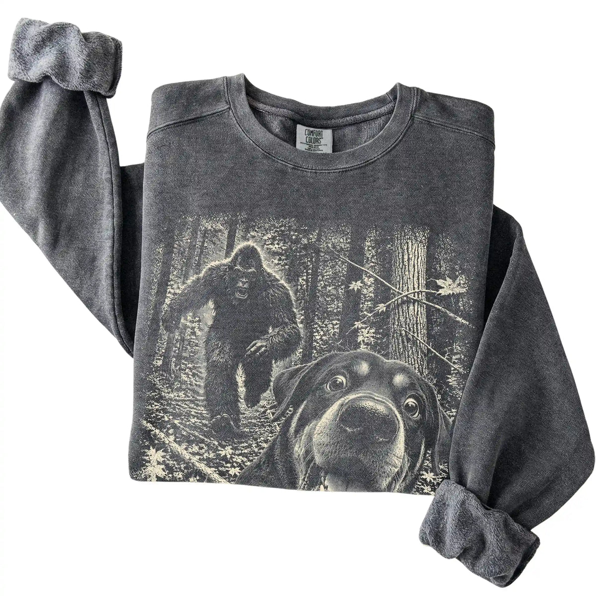 Pepper Rottweiler Bigfoot selfie sweatshirt, close-up view