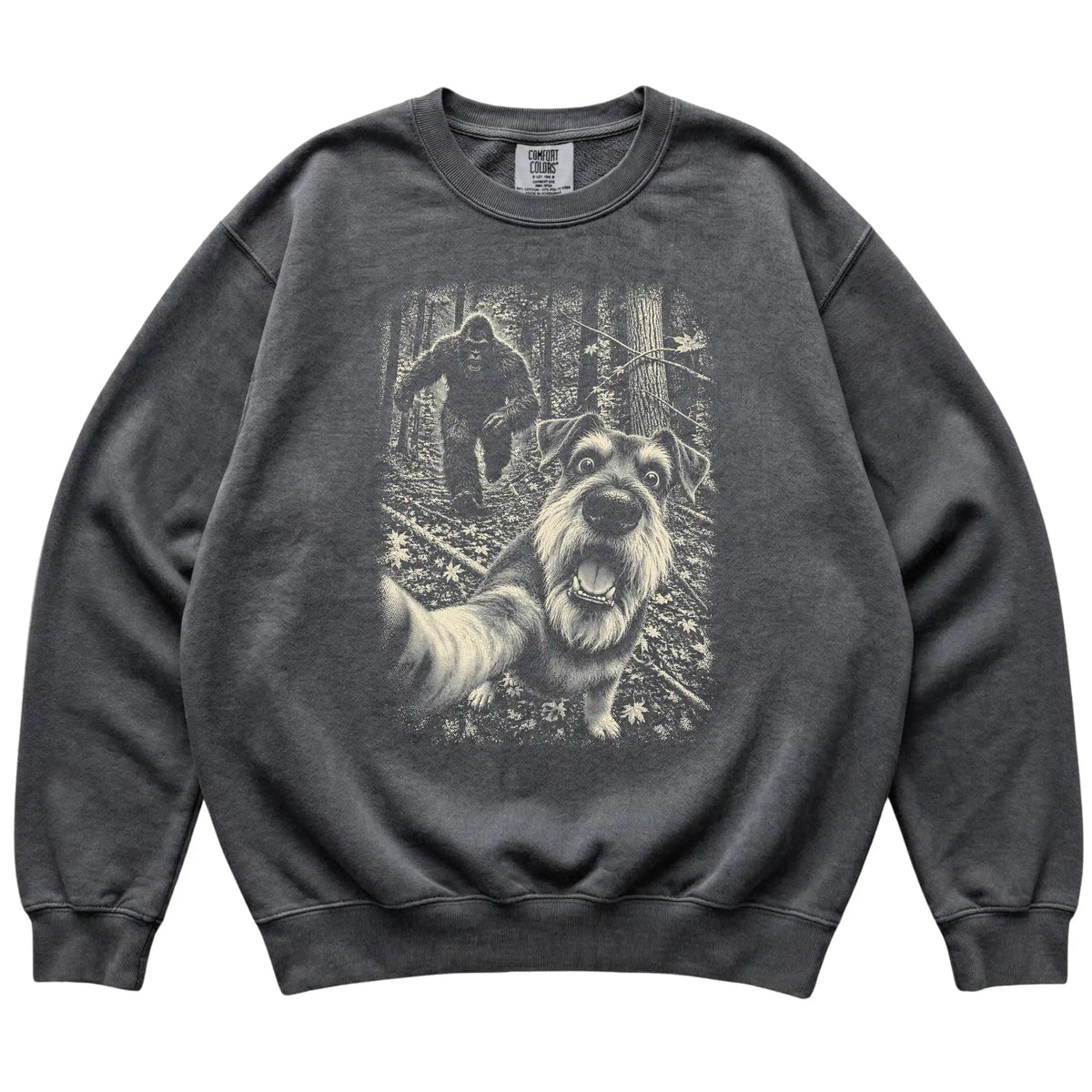 Pepper Schnauzer Bigfoot selfie sweatshirt, full garment view