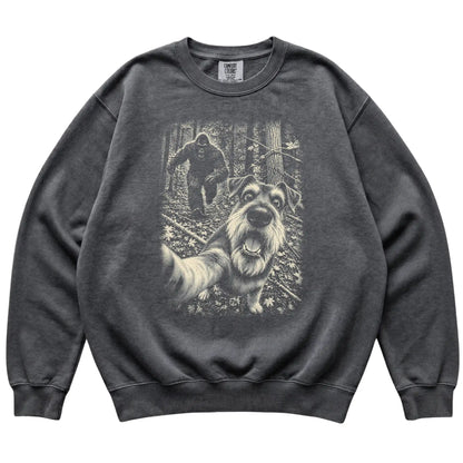 Pepper Schnauzer Bigfoot selfie sweatshirt, full garment view