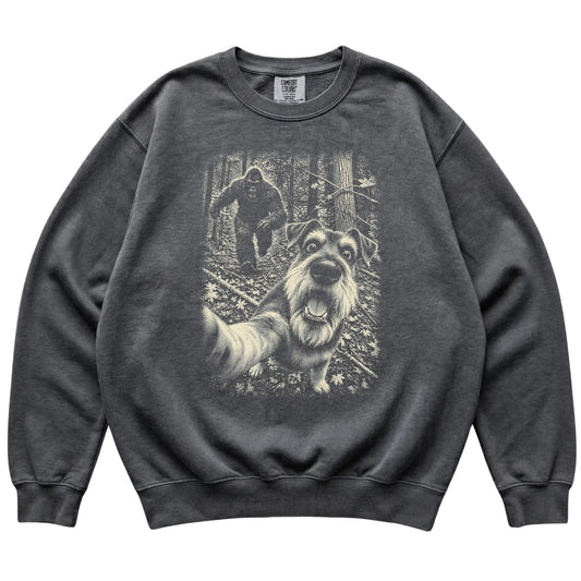 Pepper Schnauzer Bigfoot selfie sweatshirt, full garment view