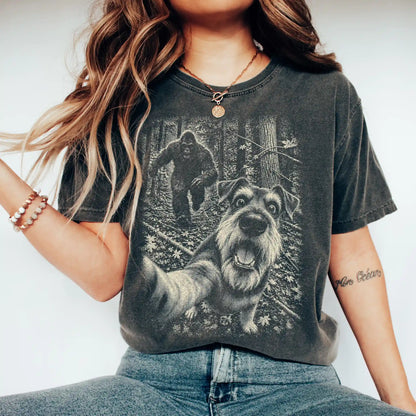Pepper Schnauzer Bigfoot selfie T-shirt, worn by a model