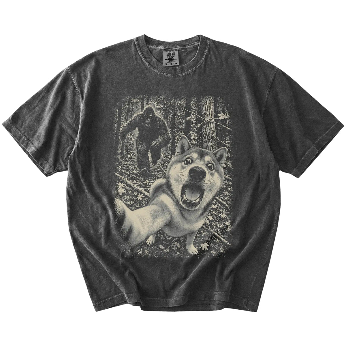 Pepper Shiba Inu Bigfoot selfie T-shirt, full garment view