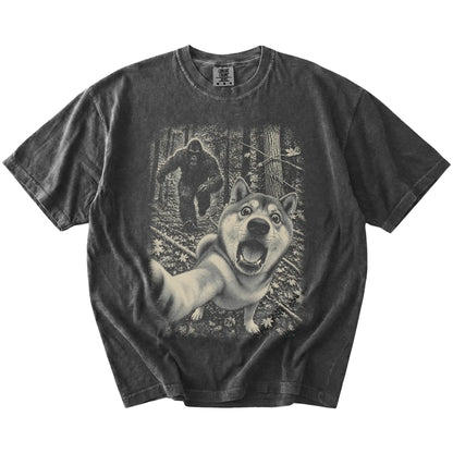 Pepper Shiba Inu Bigfoot selfie T-shirt, full garment view