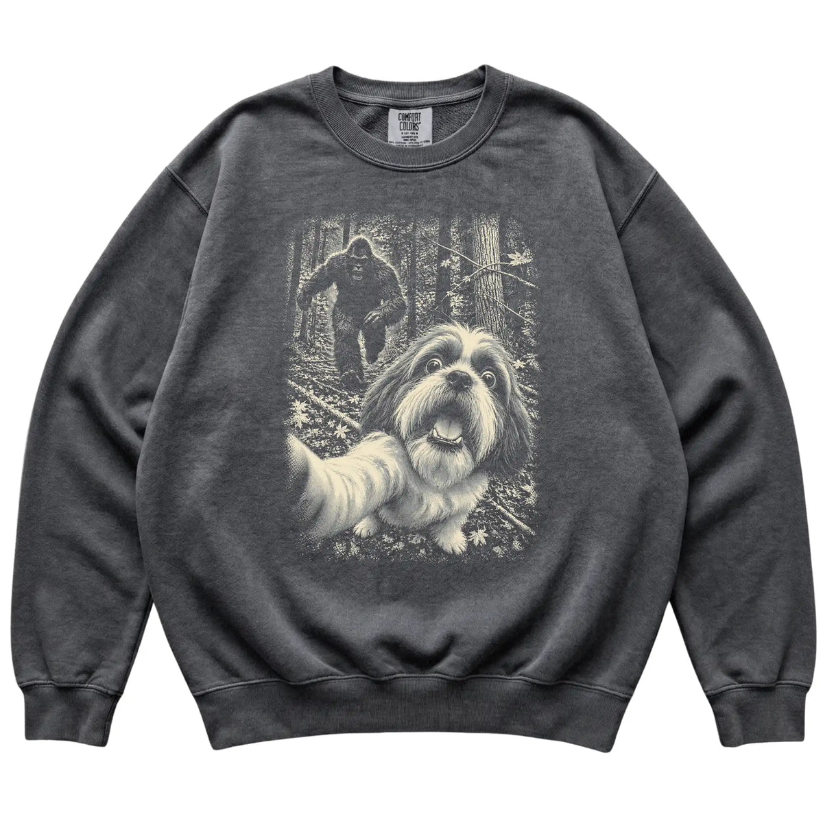 Pepper Shih Tzu Bigfoot selfie sweatshirt, full garment view