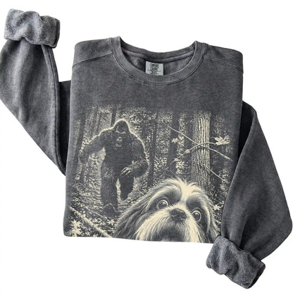 Pepper Shih Tzu Bigfoot selfie sweatshirt, close-up view