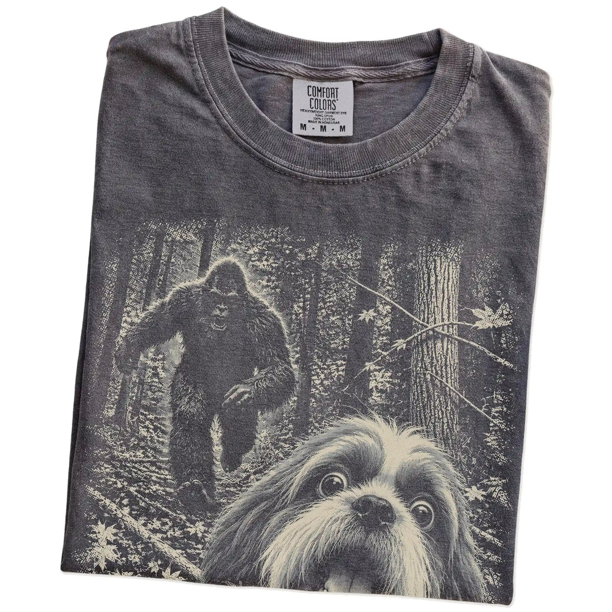 Pepper Shih Tzu Bigfoot selfie T-shirt, close-up view