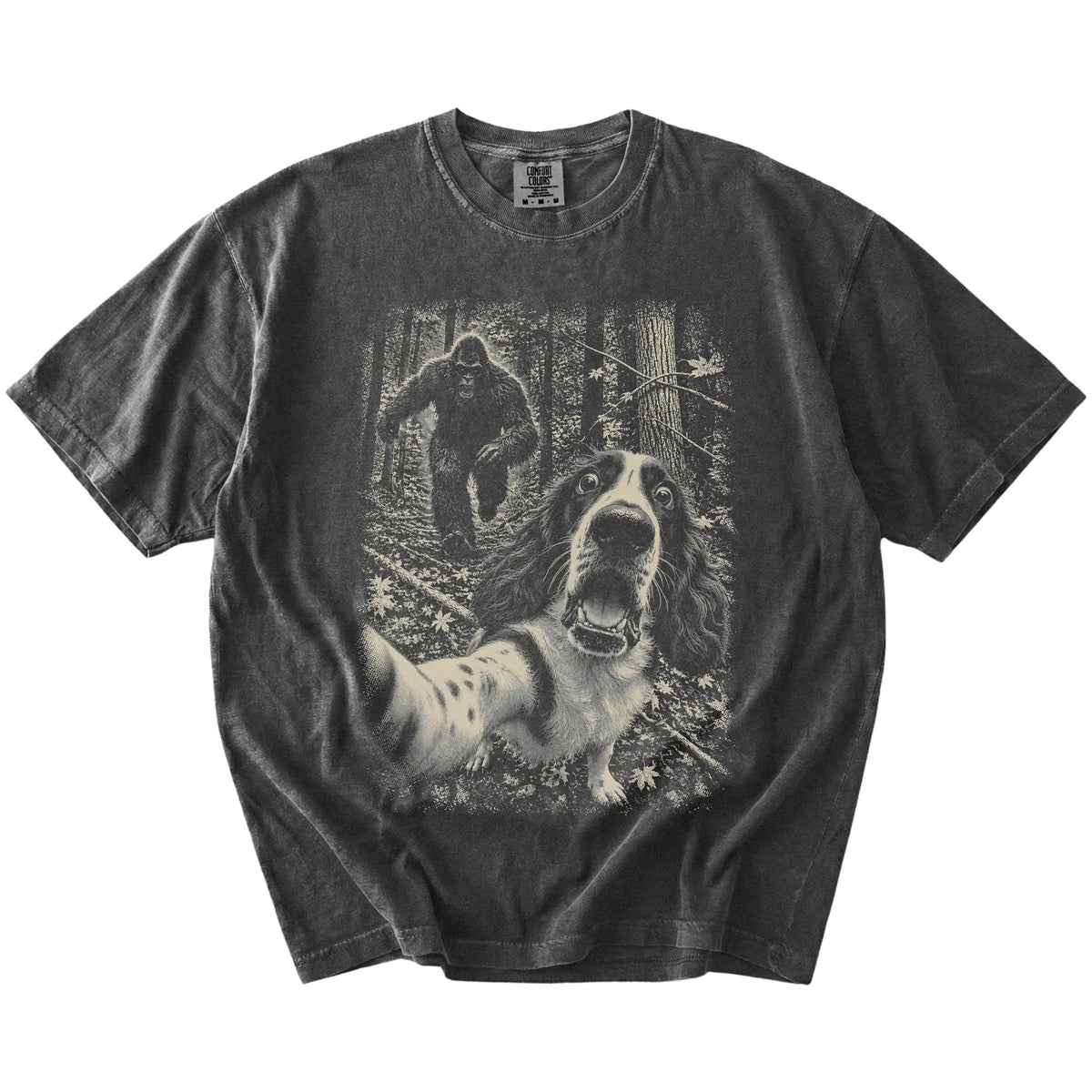 Pepper Springer Spaniel Bigfoot selfie T-shirt, full garment view