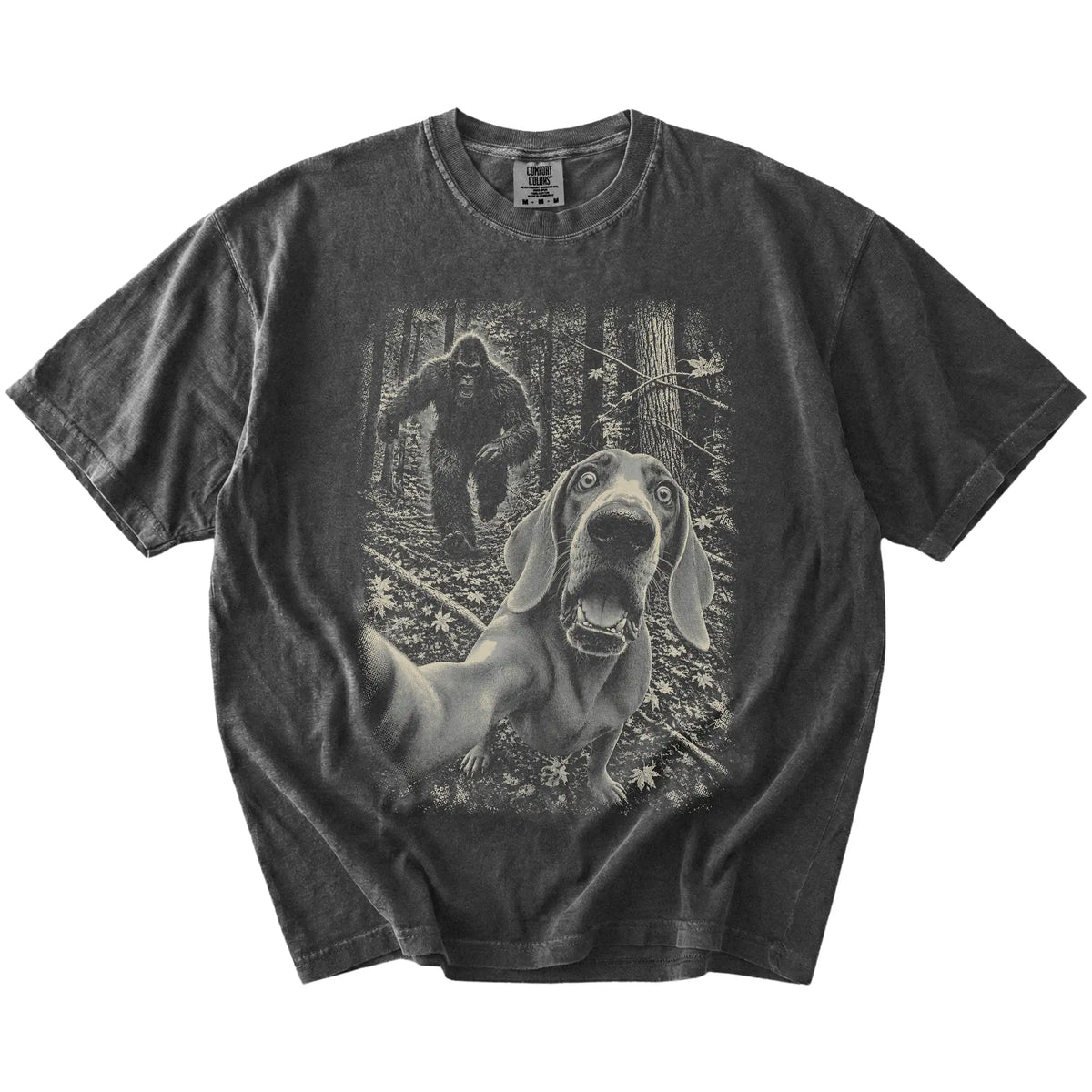 Pepper Weimaraner Bigfoot selfie T-shirt, full garment view