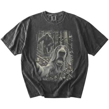 Pepper Weimaraner Bigfoot selfie T-shirt, full garment view