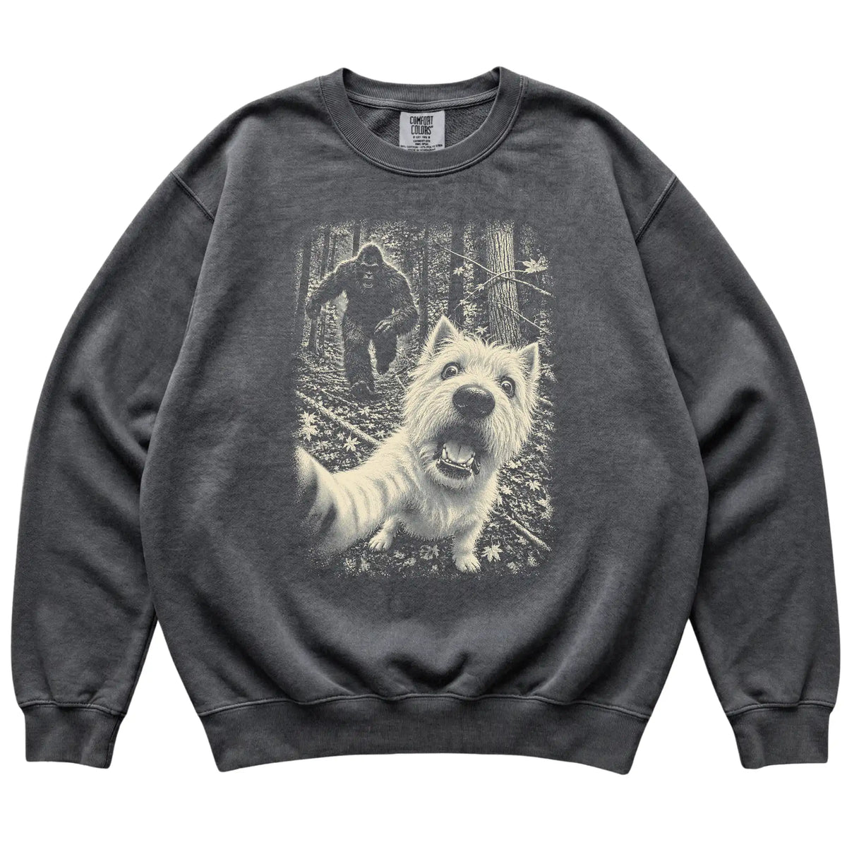 Pepper Westie Bigfoot selfie sweatshirt, full garment view