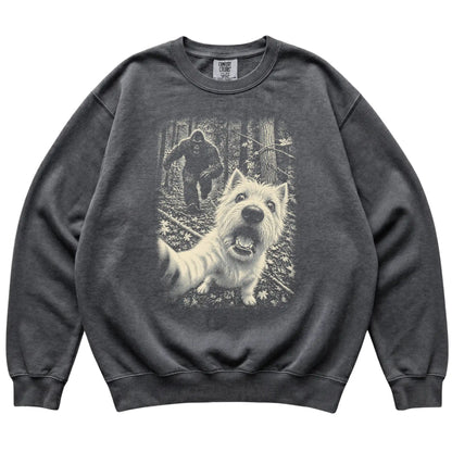 Pepper Westie Bigfoot selfie sweatshirt, full garment view