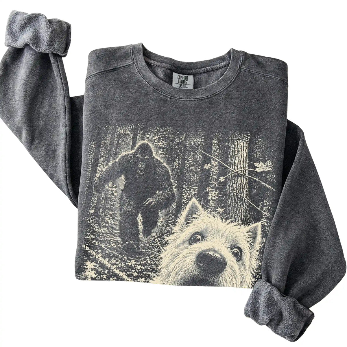 Pepper Westie Bigfoot selfie sweatshirt, close-up view