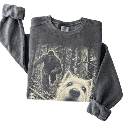 Pepper Westie Bigfoot selfie sweatshirt, close-up view