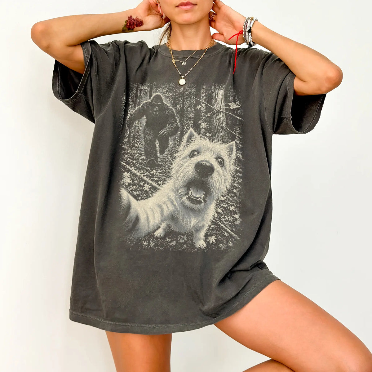 Pepper Westie Bigfoot selfie T-shirt, worn by a model