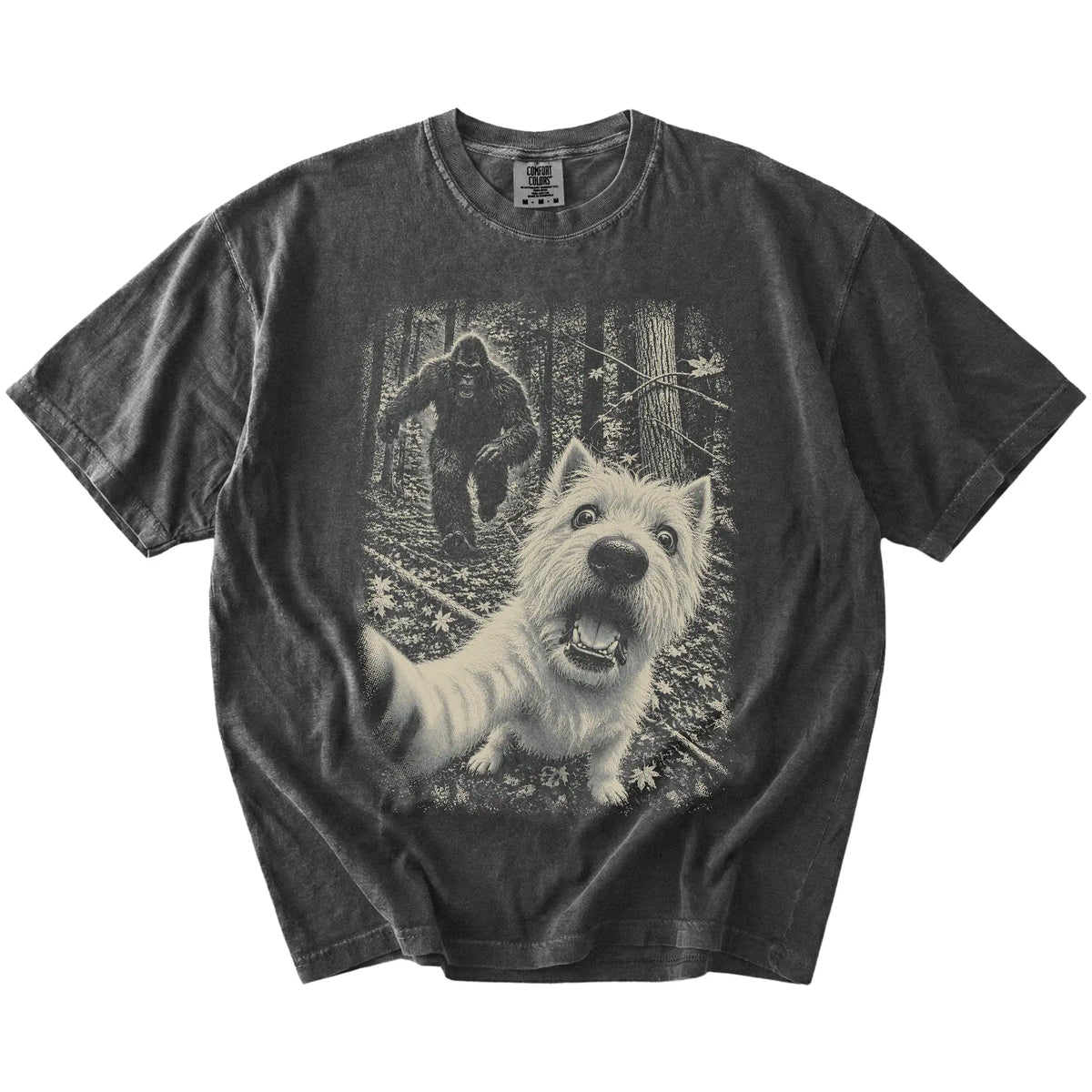 Pepper Westie Bigfoot selfie T-shirt, full garment view
