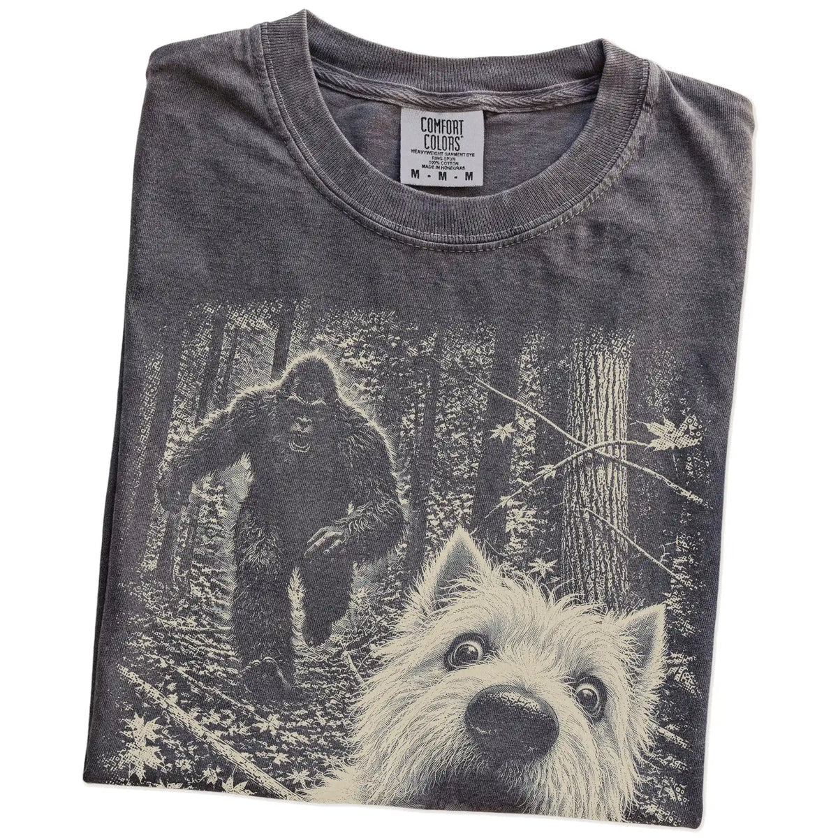 Pepper Westie Bigfoot selfie T-shirt, close-up view