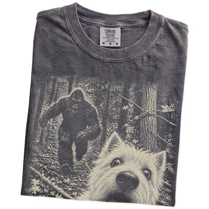 Pepper Westie Bigfoot selfie T-shirt, close-up view