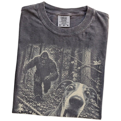 Pepper Whippet Bigfoot selfie T-shirt, close-up view