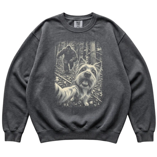 Pepper Yorkie Bigfoot selfie sweatshirt, full garment view