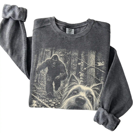 Pepper Yorkie Bigfoot selfie sweatshirt, close-up view
