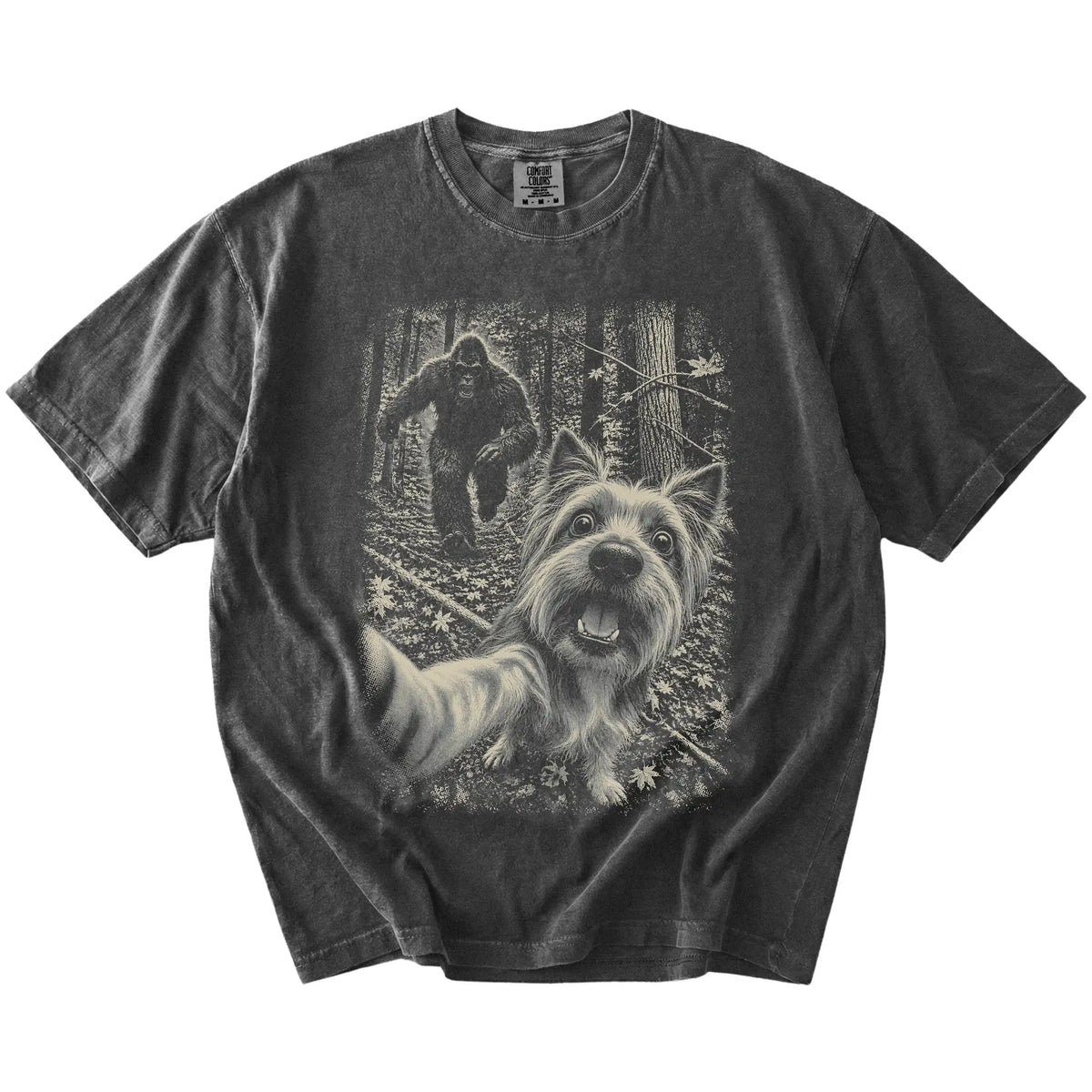 Pepper Yorkie Bigfoot selfie T-shirt, full garment view
