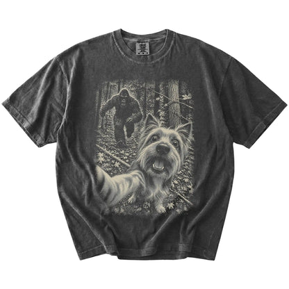 Pepper Yorkie Bigfoot selfie T-shirt, full garment view