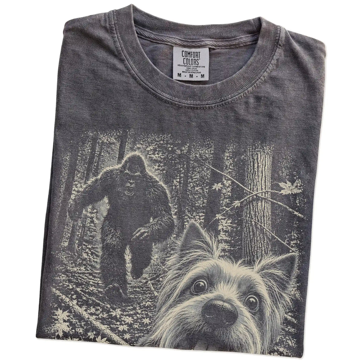 Pepper Yorkie Bigfoot selfie T-shirt, close-up view