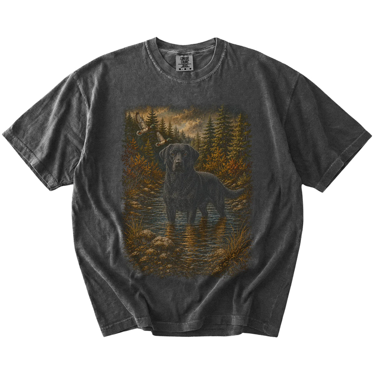 Pepper Black Lab Duck Hunting T-Shirt laid flat