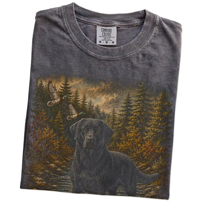Folded Pepper Black Lab Duck Hunting T-Shirt showing the graphic