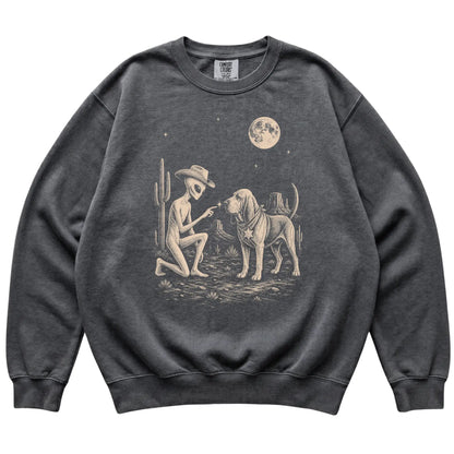 Pepper Comfort Colors® sweatshirt featuring Bloodhound Cowboy and Alien, laid-flat presentation