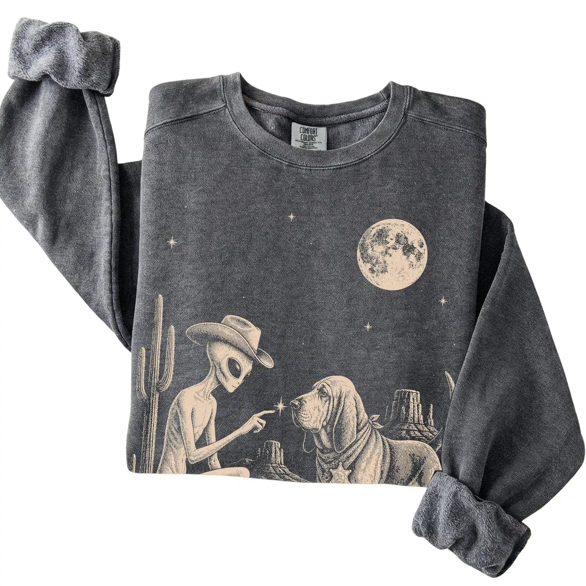 Pepper Comfort Colors® sweatshirt featuring Bloodhound Cowboy and Alien, folded presentation