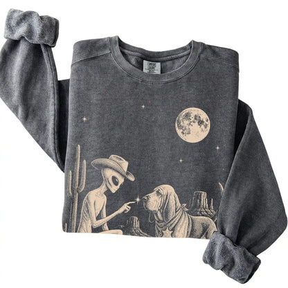 Pepper Comfort Colors® sweatshirt featuring Bloodhound Cowboy and Alien, folded presentation
