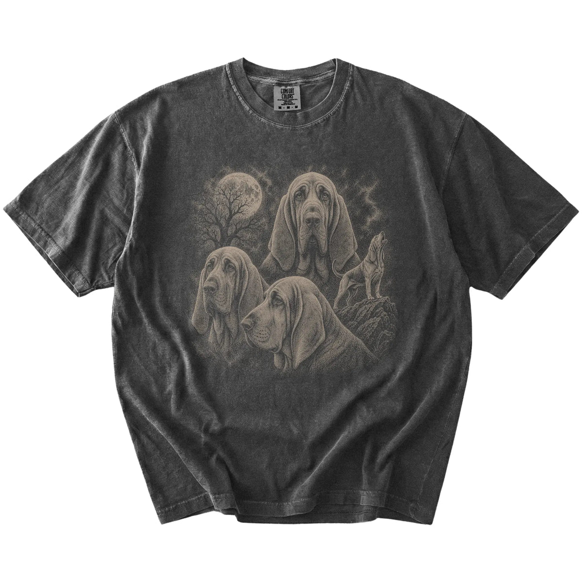 Vintage moon montage featuring Bloodhound on a Pepper Comfort Colors® T-shirt