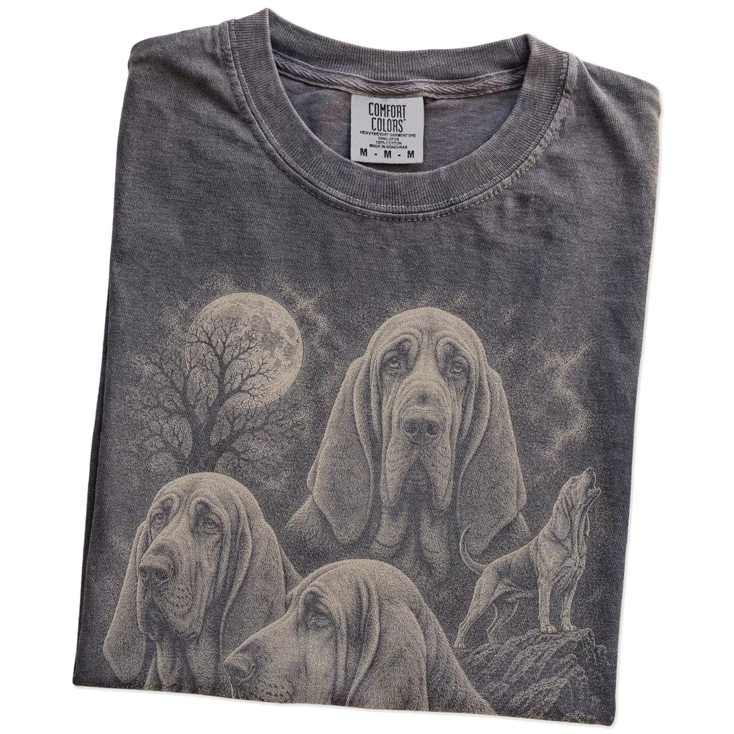 Folded Pepper Comfort Colors® T-shirt showing a vintage moon montage featuring Bloodhound