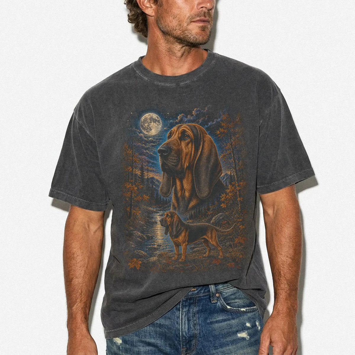 Model wearing a pepper T-shirt with Bloodhound Autumn Moon artwork.