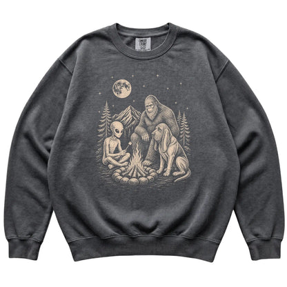 Pepper Bloodhound Camping with Bigfoot and Alien shirt laid flat