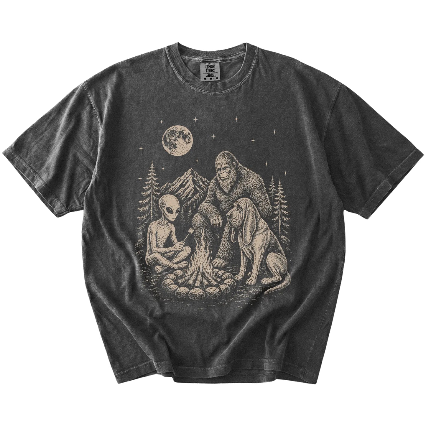 Bloodhound camping with Bigfoot and an alien on a Pepper Comfort Colors® T-shirt