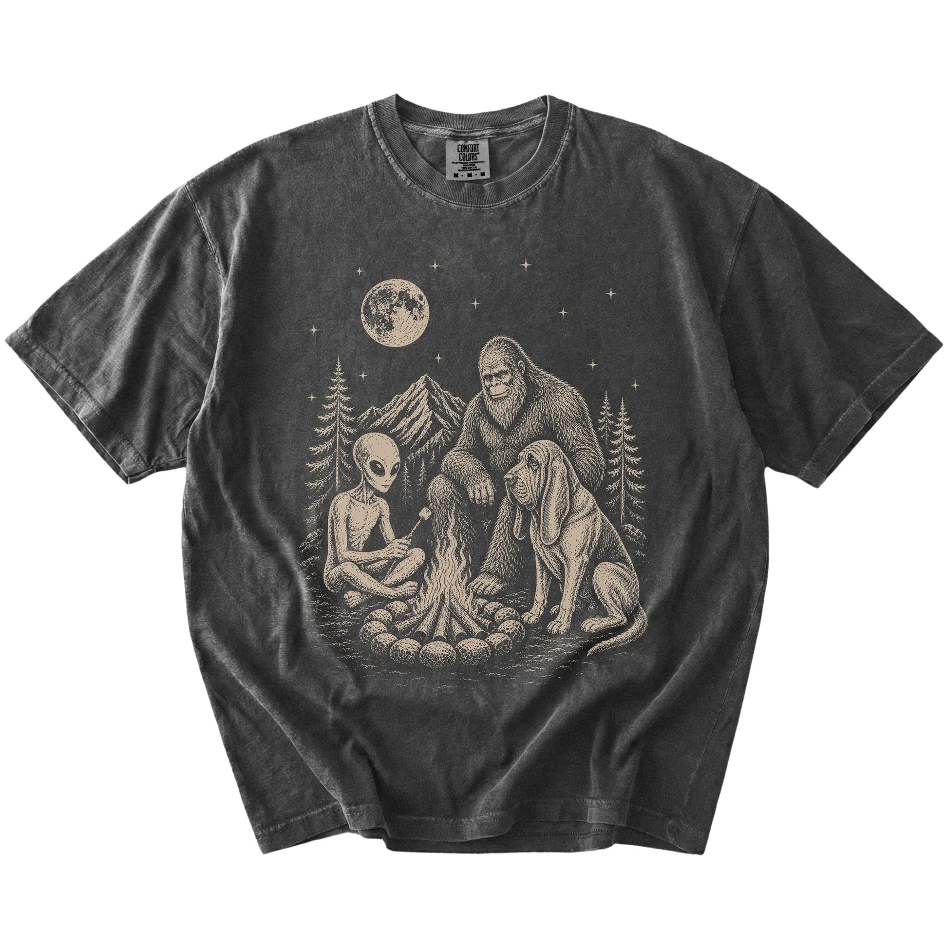 Bloodhound camping with Bigfoot and an alien on a Pepper Comfort Colors® T-shirt