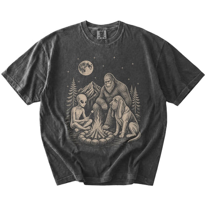 Bloodhound camping with Bigfoot and an alien on a Pepper Comfort Colors® T-shirt