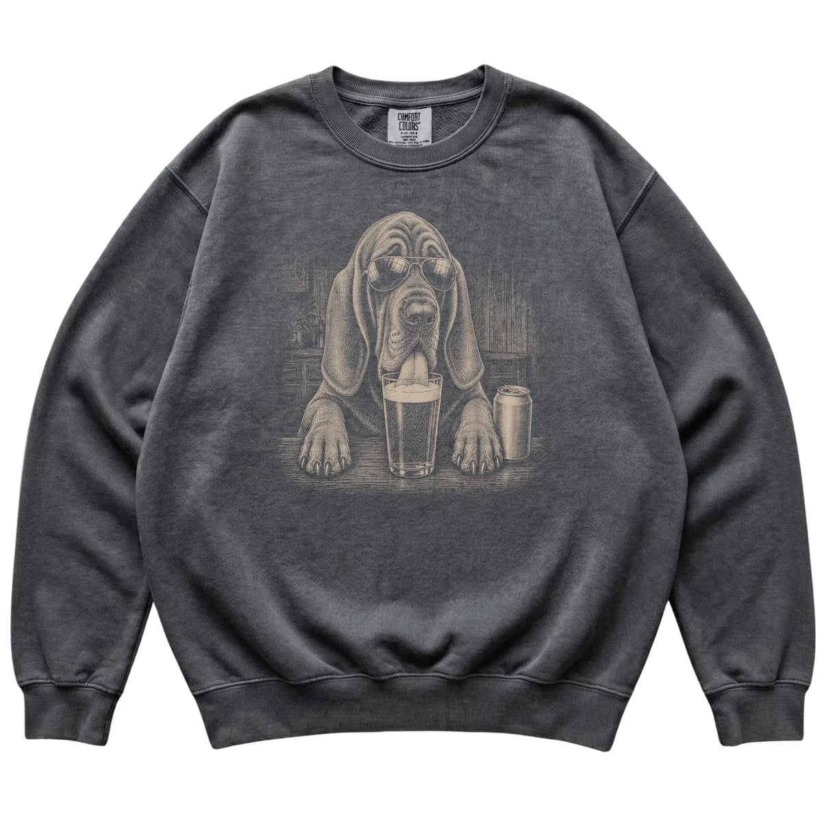 Pepper Bloodhound drinking from a pint at a bar, laid flat