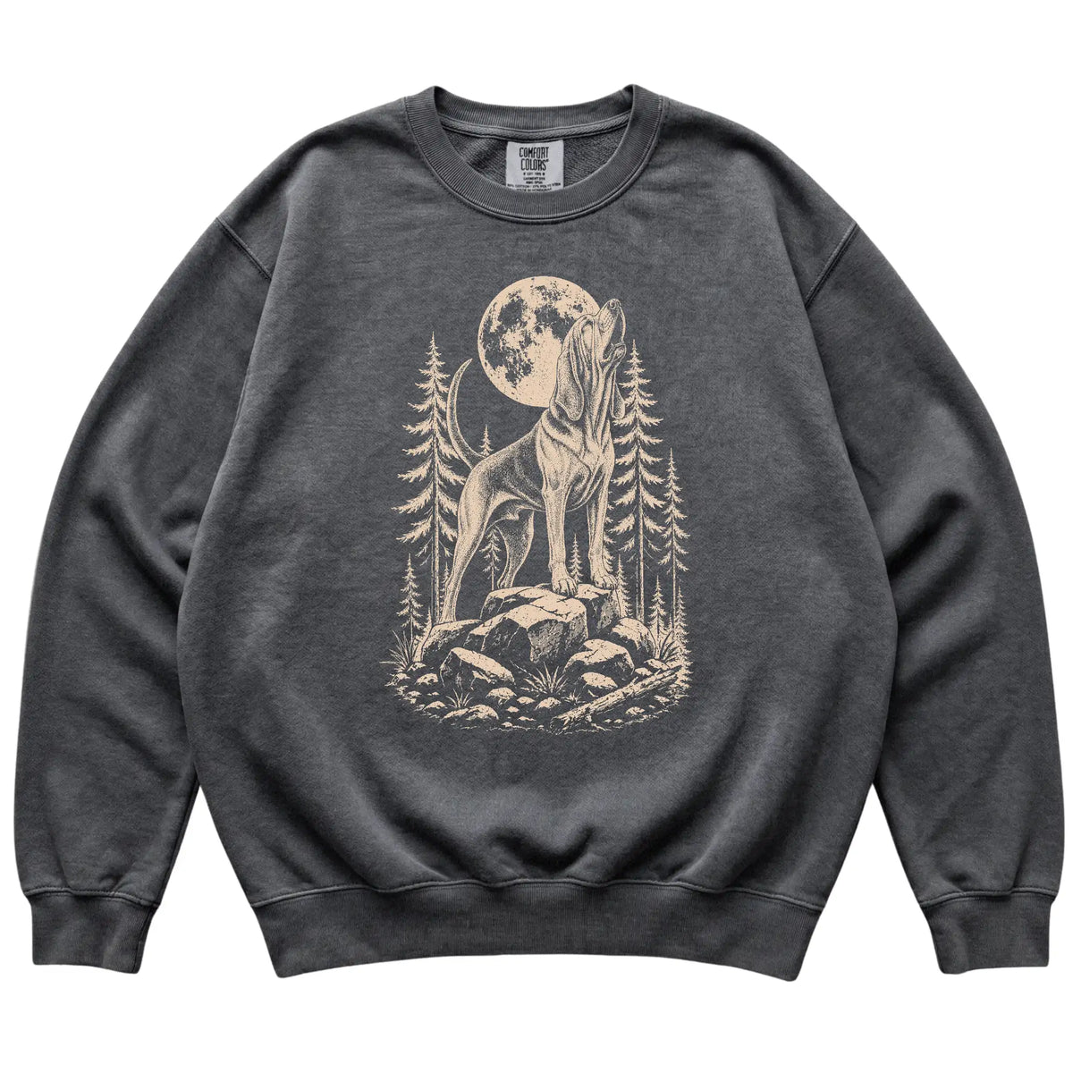 Close view of Bloodhound Howling at the Moon artwork on Pepper Comfort Colors sweatshirt