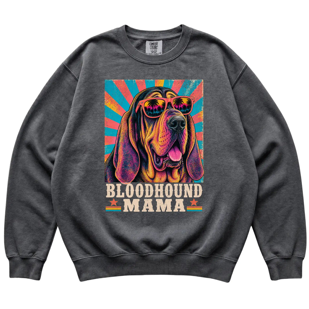Retro Bloodhound Mama design on a Pepper Comfort Colors sweatshirt