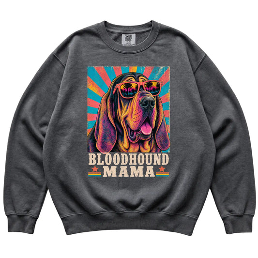 Retro Bloodhound Mama design on a Pepper Comfort Colors sweatshirt