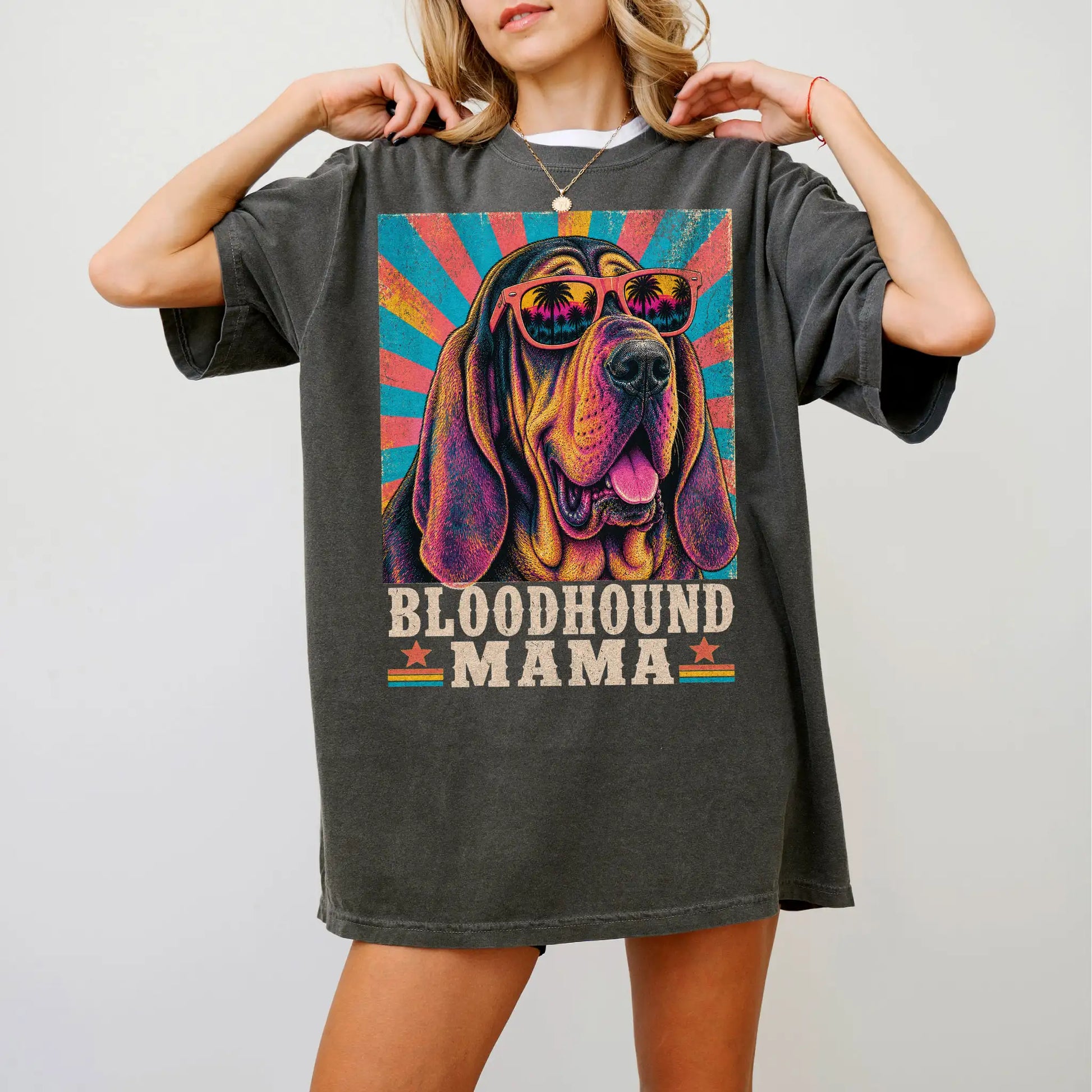 Retro Bloodhound Mama design on a Pepper Comfort Colors T-shirt worn by a model